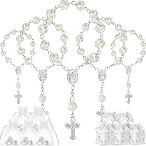 Otuuz 50 Sets 150 Piezas Detalles Recuerdos para Invitados para Comunion Bautizo Boda 50 Mini Rosarios Religiosos con 50 Bolsas de Organza 50 Cajas para Chuches para Bautizo Comunion Bod