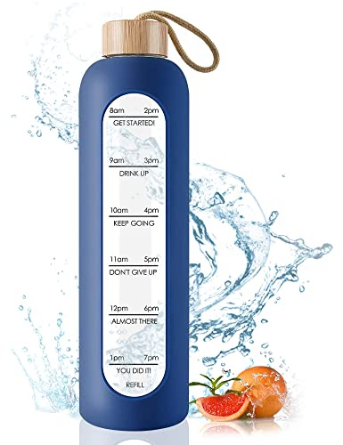Gistome 1 Liter Glass Water Bottle with Bamboo Lid - 1000ml Sports Drinking Bottle with Time Marker, Reusable Shatterproof Silicone Case Bottle for Fitness Gym Outdoor Travel Workout