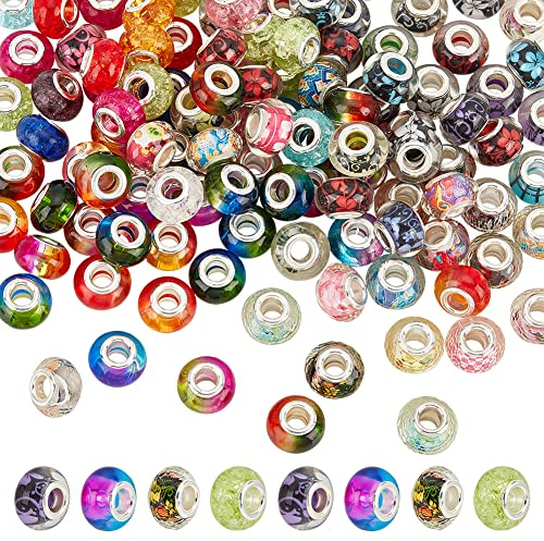 NBEADS 120 Stück 4 Stile Europäische Perlen, 5 mm Großes Loch Crackle Harz Scheibenperlen Acryl Blumenmuster Charms Transparente Europäische Perlen Für DIY Armbänder Schmuckherstellung