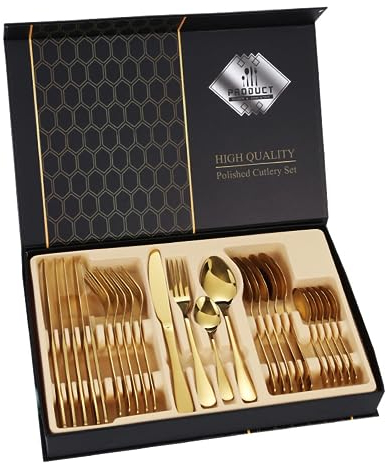 Geschirr-Set, 24-teiliges Edelstahl-Geschirr-Service, Besteck-Set für 6 Personen mit Geschenkboxen (goldene)