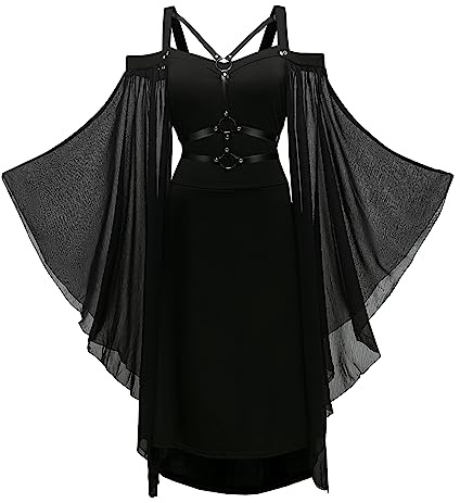 CNVAUIE Renaissance Kostüm Frauen Mittelalterliches Kleid mit Trompetenärmel Gotisch Maxikleid Karneval Halloween Party