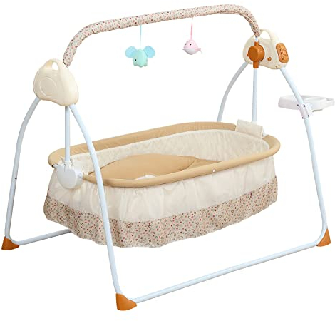 Babywippe,Automatische Elektrische Baby Wiege,Babywippe Bluetooth-Schaukelstuhl,BluetoothSchaukel Mit Musik,U-förmiges Kissen, für Babys Zwischen 0 und 24 Monate,5 Gänge einstellbar,Khaki