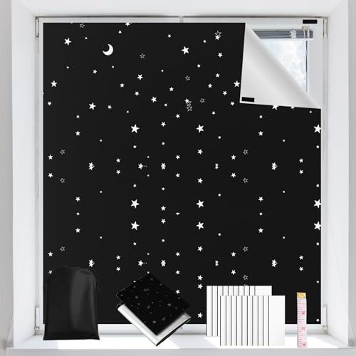 Fenster Verdunklungsstoff 100% Lichtundurchlässig, 200x145cm Verdunklungsrollo Ohne Bohren Dachfenster Verdunkelung Verdunklungsfolie Reise Verdunkelungsrollo (Sterne Mond, 200 x 145 cm)