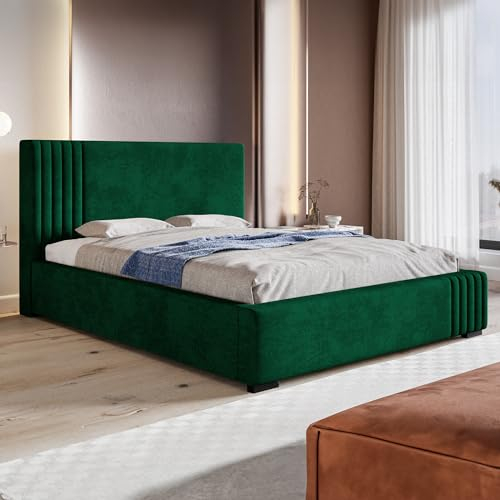 MOTIVENA Bolonia Bett 160x200 Grün Samt, mit Stauraum, mit Kopfteil, mit Lattenrost, mit Füßen, ohne Matratze, Polsterbett 160x200 mit Bettkasten Grün (Dunkelgrün)