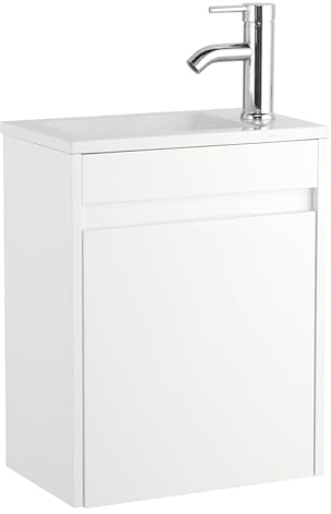 UEV Mobile Bagno con Lavabo in Resina, 41CM Mobili Bagno Salvaspazio Sospeso, Rubinetto Cromato a Risparmio Idrico e Scarico Pop Up, Piccolo, Bianca