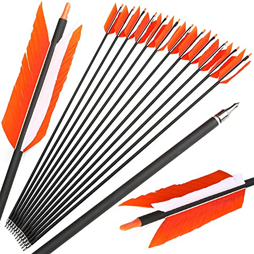 ZSHJGJR 30 Inch Archery Hunting Arrows Carbon Flu Flu Arrows Spine 500 Target Practice Arrows with 4pcs Turkey Feather Replaceable Arrowhead for Outdoor Hunting Shooting 6/12pcs (12, Orange & White)