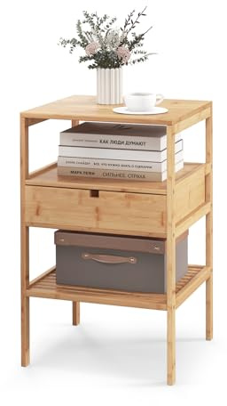 KOMFOTTEU Nachttisch aus Bambus, Besitelltisch mit Schublade & Lattenrostregal, 3 Ebenen Nachtschrank 40 x 40 x 68 cm, Seitentisch für Schlafzimmer Wohnzimmer (1)