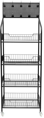 gegeweeret Snack Candy Display Organizer,4 Tier Retail Display Rack Stand, Snack Rack, Basket Stand Cart for Store Kitchen, Floor-Standing Supermarket Retail Display Shelf with 10 Hooks (Black)