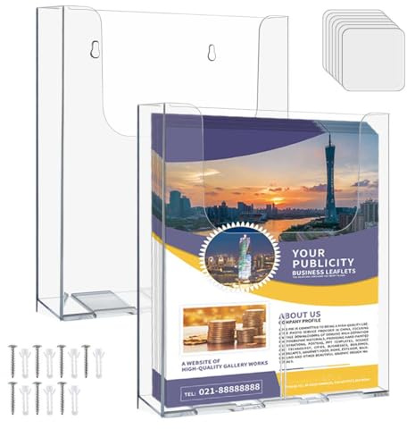 OTYMIOW Soporte para Folletos Pared Transparente 2PCS Soporte para Folletos A4 Soporte para Folletos A4 acrílico con 7 Tornillos Soporte Exhibición Folletos para Montaje Pared Soporte para Catálogos