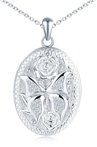 MicLee Collana Ciondoli Foto da Donna in Argento 925 Pendenti Medaglioni de Farfalla Moda Collane Ovale di Farfalla con Zircone Ciondolo Apribile