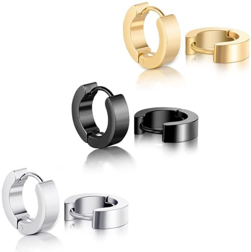 COYUN 3 Paires Boucles d'Oreilles Homme Créoles Acier Inoxydable Boucle d'Oreille Homme Petites Boucles d'Oreilles Créoles Piercing Anneau Cartilage Helix Piercing Oreille(or, argent, noir)