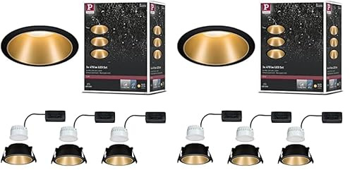 Paulmann Einbaustrahler Cole Coin, 3-Stufen Dimmbar, Ø 88mm, 3 x 6,5W, 460 lm, IP44 Spritzwasserschutz, 2700 Kelvin, Schwarz/Gold matt, Einbauleuchte (Packung mit 2)