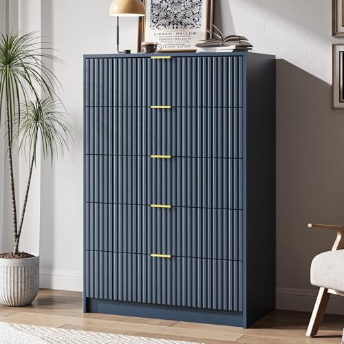 MAISONARIA 5 Drawer Dresser for Bedroom, Tall Dresser Chest of Drawers with Gold Handles, 32 Inch Wide Nightstand with for Bedroom, Living Rooms, Offices, and Entryways, Navy Blue