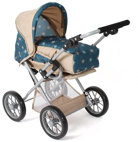 Bayer Chic 2000® Carrozzina combinata 3 in 1 Leni – stelline turchese-beige – pieghevole, manico regolabile in altezza 43 – 67 cm, borsa per il trasporto – bambole fino a 46 cm, a partire da 3 J