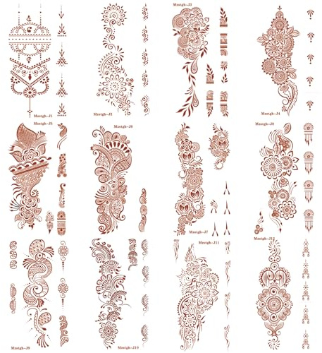 12 Sheets Henna Tattoo Stickers, Waterproof Red Ink Henna hands Tattoo ，Mehndi Fake Tattoos for Women Girls