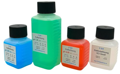 pH Kalibrierlösung Set bestehend aus 100 ml pH 7, 50 ml pH 4 und 50 ml pH 9 und 50 ml KCL Kalibrierflüssigkeit Pufferlösung Eichlösung für pH Messgerät Tester Eichflüssigkeit, rot, grün und blau
