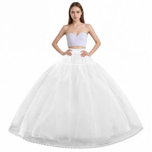 LJXploreMax Women's 8 Layer Tulle Hoopless Petticoat Skirt with Lace Trim A-Line Long Crinoline Underskirt Slip for Bridal Ball Gown Wedding Dresses