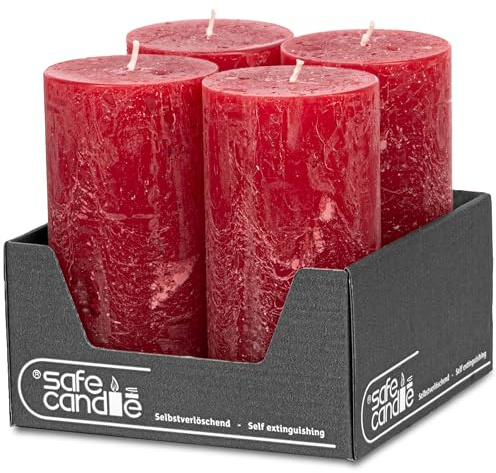 DecoLite Stumpenkerzen Rustik 14 x 7 cm, 69h, 4er Set, Rot | Made in Germany, RAL-geprüft, selbstverlöschend, durchgefärbt, ruß- & tropffrei, Kerzen für Advent, Hochzeit & Gastronomie