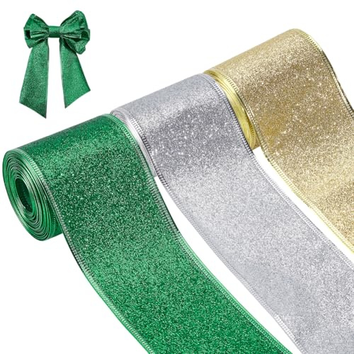 PH PandaHall 3 Farben Glitzerband Mit Draht 6.2cm Funkelndes Metallic Band Grüne Bastelbänder Silber Goldene Bänder Für Kranzschleifen Geschenkverpackungen Hochzeit Weihnachten Party Dekoration 13.7m