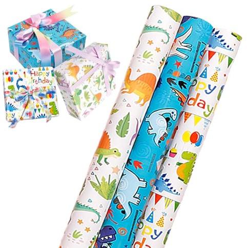 Trrrioosy 3 Rollen Dinosaurier Geschenkpapier Kinder 43 cm x 300 cm Geschenkpapier Geburtstag Tierbaby Packpapier für Kinder Mädchen Jungen Frauen (Blau- Dinosaurier)