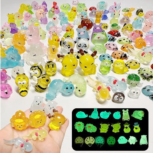 Crahuanli 120PCS Mini Resin Animals Mixed, 68 Rare Styles Tiny Resin Glow in The Dark Animals Miniature Little Small Animal Figures for Micro Fairy Garden Landscape, Dollhouse, Aquarium Decor Crafts