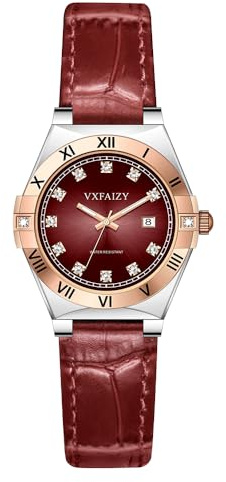 VXFAIZY Elegante Damenuhr mit Kristall Indexzeichen und echten Lederband Kalenderfunktion für Damen