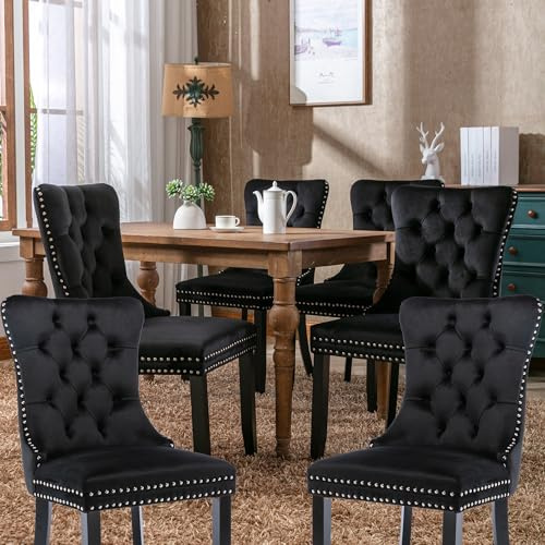 FINTHOMING Esszimmerstühle 6er Set, Küchenstühle 6er Set, Tufted Hoher Rücken Stühle, Samt Weich Gepolstert Essstuhl mit Holzbeinen, Nieten Dekoration, Belastbarkeit 130kg