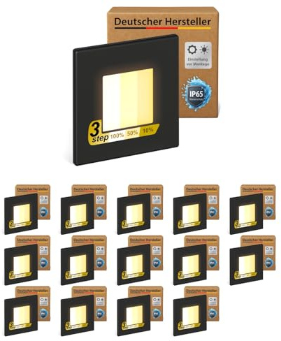 ledscom.de 15x LED Treppenlicht/Wandeinbauleuchte FEMA für innen und außen, eckig, schwarz, 80 x 80mm, warmweiß