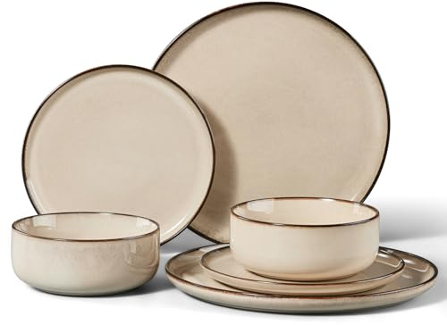 HaWare Dinner Set, 6 Piece Stoneware Dinnerware Service for 2, Reactive Glaze Dining Ware Include Plates and Bowls, Chip and Scratch Resistant, Microwave & Dishwasher Safe, Cream Khaki