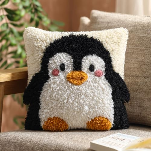 Henypt Kits de Crochet de Verrouillage, animaux pingouins Coussin au Point Noué, Kit de Crochets de avec Fournitures de Tricot et Fil, Tapis Imprimé Coussin Crochet 43x43cm