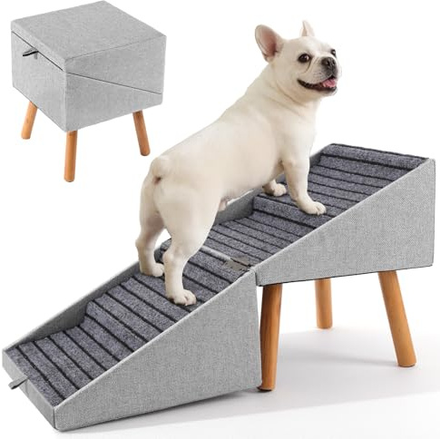 Hunde Treppe für kleine Hunde und Katzen für Couch und Bett, Klappbare 2-in-1 Holz Haustier Schritte für Welpen, Split Ottoman Design (Hellgrau-43,5 cm hoch)