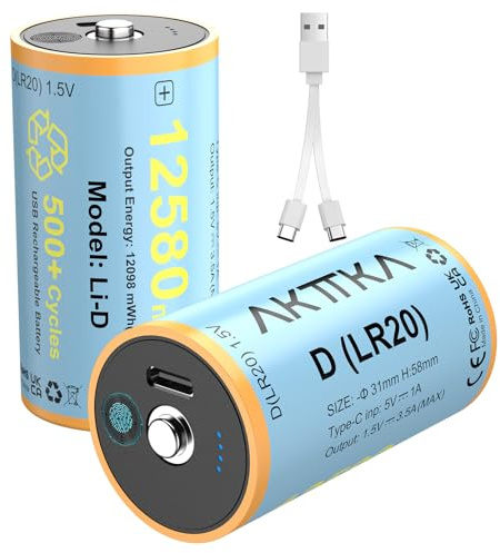 AKTTKA Batterie D ricaricabili, confezione da 2 (9250 mWh), 1,5 V al litio, con cavo di ricarica USB-C 2 in 1, batterie formato D per torce, giocattoli e altro (Rosso)