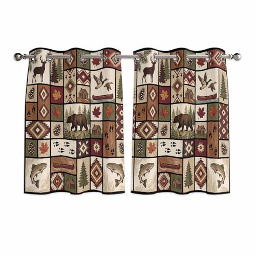 Window Curtains 54 Inch Length 2 Panels Set, Country Patch Plaid Grommet Top Light Filtering Curtains for Bedroom/Living Room, Brown Farmhouse Retro Bear Deer Cabin Thermal Insulated Drapes 42x54 In