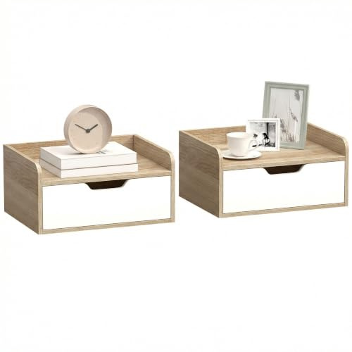 HOMCOM Lot de 2 Tables de Chevet murales 40 x 30 x 19,5 cm Blanc Naturel | Tables de Nuit Suspendues avec Tiroir, Plateau à Rebords Surélevés, Style Moderne, pour Chambre à Coucher, Salon