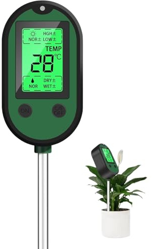 Misuratore di umidità del terreno 5 in 1 per interni ed esterni; misura umidità, luce, pH, temperatura e intensità luminosa; kit portatile per l'analisi delle piante da appartamento e da giardino.