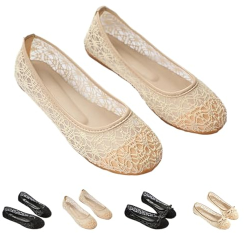 Eleganta ballerinaskor för damer med rosett, runt tåparti, tofflor, spetsbroderi, ballerinaskor, nättyg, virkade, platt, bekväma, ventilerande, bröllopsskor för brud, Beige, 37.5 EU