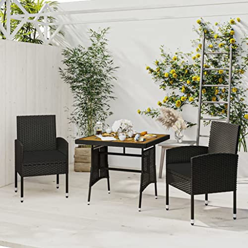 Ziaphsol 3-TLG. Trädgårdmatgrupp av poly rotting svart med bord och stolar för terrass, balkong, trädgård, loungegrupp, utomhus, möbelset med kudde, trä, metall