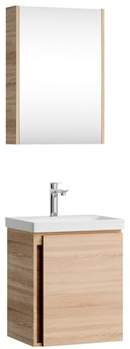 Planetmöbel Lavabo con mobile sottolavabo 50 cm incl. armadio a specchio 50 cm, set di mobili da bagno con lavabo, sospeso, rovere sonoma