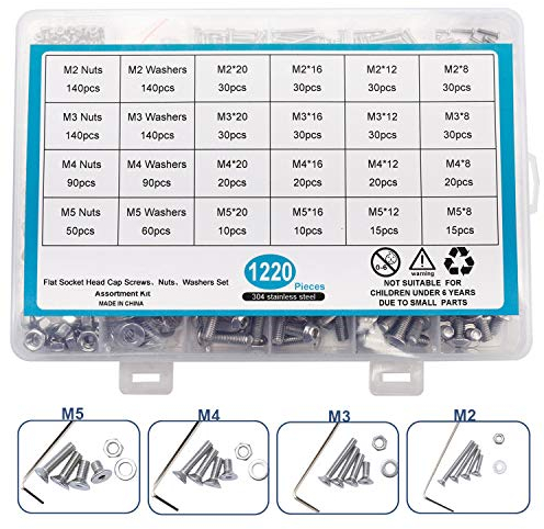 Homtone 1220 PCS M2 M3 M4 M5 Bulloni in acciaio Viti Dadi Rondelle Assortimento Kit con chiavi esagonali (Testa piatta esagonale)