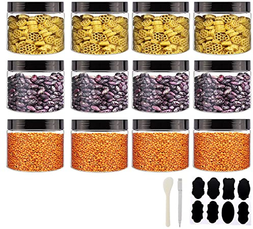 YBCPACK 12 Pack 10 oz（300 ml） Clear Plastic Storage Jar with Lid-Wide Mouth | Include Spatula，Pen & Labels，Plastic Container for Dry Food，Cosmetic Jar for Sugar Scrub，Hair Conditioner，Slime Jar for Craft