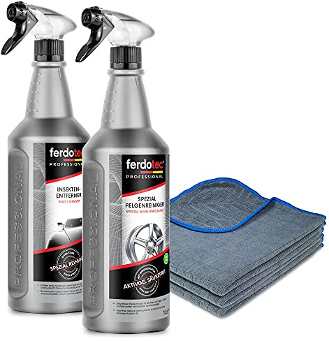 ferdotec® 1L Auto Felgenreiniger + Insektenentferner + 3 x Mikrofasertücher 380GSM 40x40cm (blau/anthrazit) saugstark | Premium Autopflege zur Insekten-Entfernung & Felgenpflege/Felgen-Reinigung