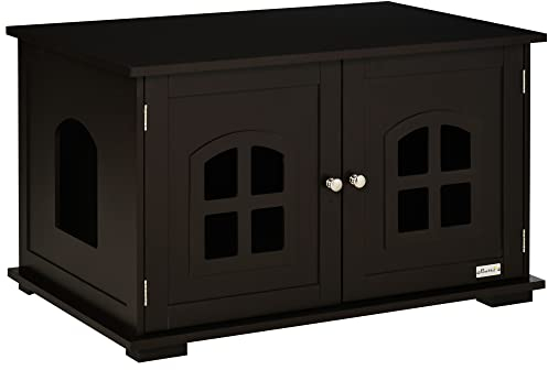 PawHut Casa para Gatos de Madera Mueble Arenero para Gatos 2 en 1 con Armario de Almacenaje Encimera Amplio 2 Puertas con Ventanas y Orificio de Entrada Lateral 80,3x52,6x48,8 cm Café