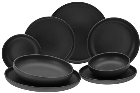 CreaTable, 10524, Serie Uno Black, 8-teiliges Geschirrset für 2 Personen, Teller Set aus Steinzeug, spülmaschinen- und mikrowellengeeignet, Made in Europe