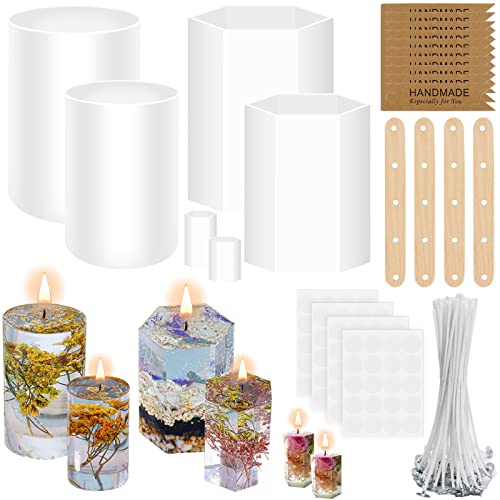 Kerzenformen zum Gie?en?6 St¨¹ck Silikon Kerzenformen, Silikonform Kerzen Selber Machen Set, Sechseckig und Zylinderf?rmige Kerzen Gie?formen mit Zubeh?r f¨¹r DIY und Basteln