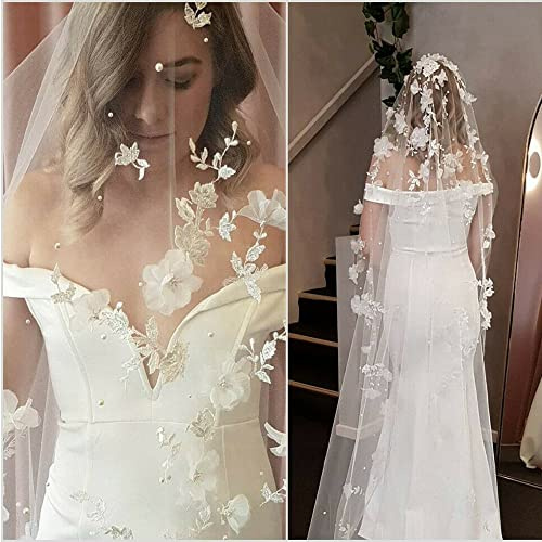 TEWAX Applikationen Hochzeit Schleier 3D Blumen Perlen Brautschleier Kapellänge Elegant Brautschleier Hochzeitszubehör