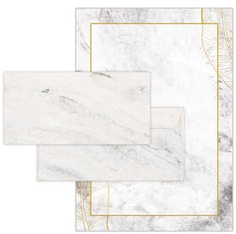 Briefpapier-Set 50 Designpapier DIN A4 + 50 Umschläge DIN-lang haftklebend Marmor grau Papier Goldene Tropische Blättern beidseitig beschriftbar und bedruckbar Frühlingspost Kommunion Konfirmation