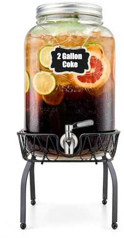 2 Gallon Beverage Dispenser with Stand and Lid, 18/8 Stainless Steel Spigot - Mason Jar Drink Dispensers with Lids, Glass Drink Dispensers for Parties