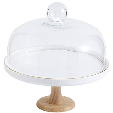 CVNIMV Food Covers,Splatter Covers,Wedding Cake Display Stands, Round Glass Dome Cover Cheese Dome Ceramic Trays with Wooden Base Bread Decoration Stands and