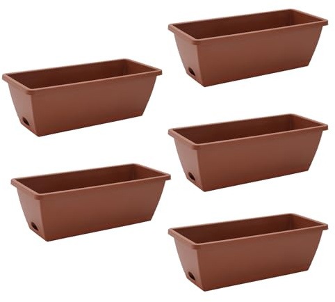 The Fellie 5 PCS Large Garden Planter Plastic Trough With Drainage Holes & Tray, Outdoor Rectangle Long Planter For Windowsill & Balcony, Vegetable Plant Pot For Succulent, Brick Red 42.5 * 17 * 15CM