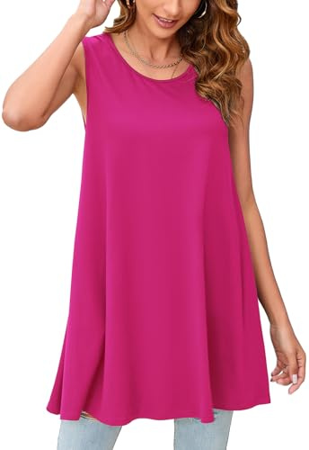 Enmain Camiseta Sin Mangas Mujer Talla Grande Túnica Mujer Sin Mangas Verano Tops Blusas Larga Camisa Cuello Redondo Casual Cómoda Rosa Fucsia 2XL